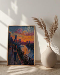 Austin City Skyline Art Print, Texas Summer Night Decor - Golden Sunset River Landscape