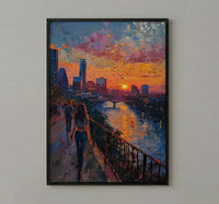 Austin City Skyline Art Print, Texas Summer Night Decor - Golden Sunset River Landscape