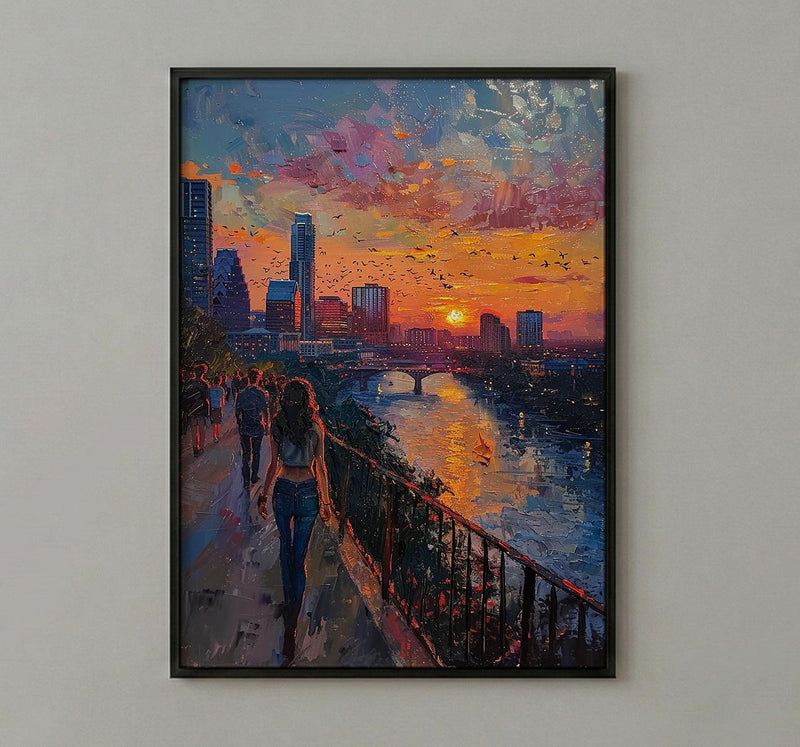 Austin City Skyline Art Print, Texas Summer Night Decor - Golden Sunset River Landscape