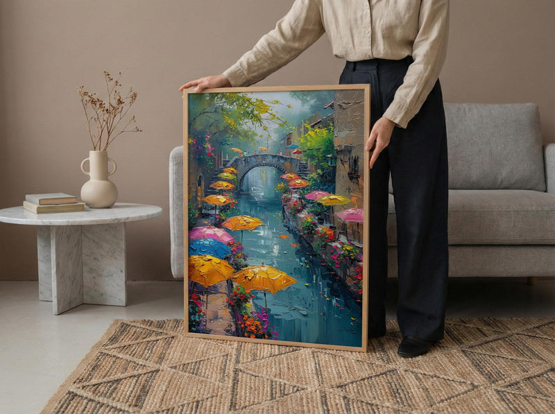 San Antonio River Walk Wall Art, Texas Travel Decor - Colorful Umbrella Summer Afternoon