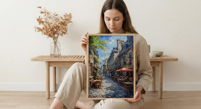 Montreal Old Port Art Print, Historic Canada Travel Decor - Stone Building Summer Cafe View