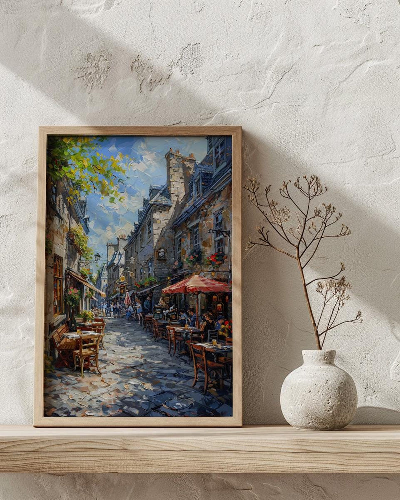 Montreal Old Port Art Print, Historic Canada Travel Decor - Stone Building Summer Cafe View