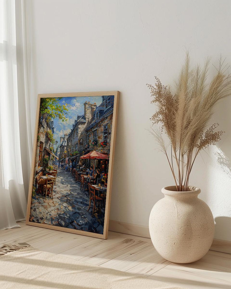 Montreal Old Port Art Print, Historic Canada Travel Decor - Stone Building Summer Cafe View