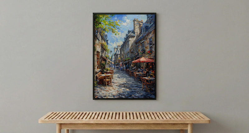 Montreal Old Port Art Print, Historic Canada Travel Decor - Stone Building Summer Cafe View