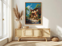 Santa Fe Adobe House Poster, New Mexico Travel Decor - Red Chili Bright Summer