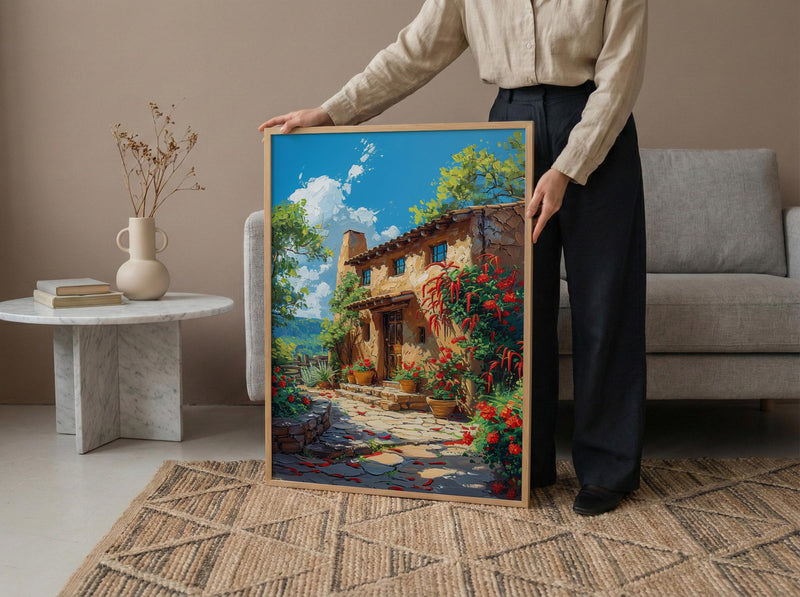 Santa Fe Adobe House Poster, New Mexico Travel Decor - Red Chili Bright Summer