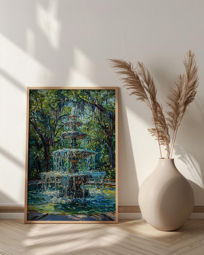Savannah Forsyth Park Art Print, Southern Charm City Decor - White Fountain Summer Greenery
