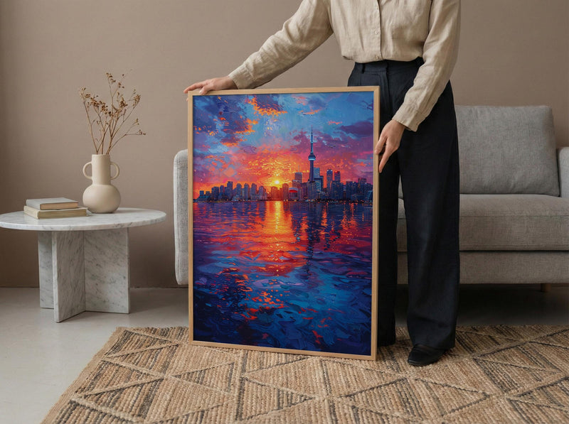 Toronto Skyline Sunset Wall Art, Canada Cityscape Home Decor - Calm Lake Water Reflection