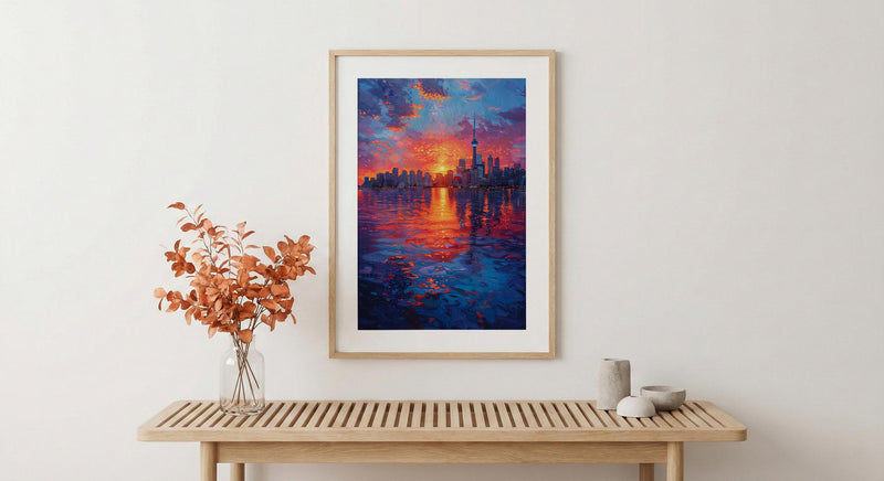 Toronto Skyline Sunset Wall Art, Canada Cityscape Home Decor - Calm Lake Water Reflection