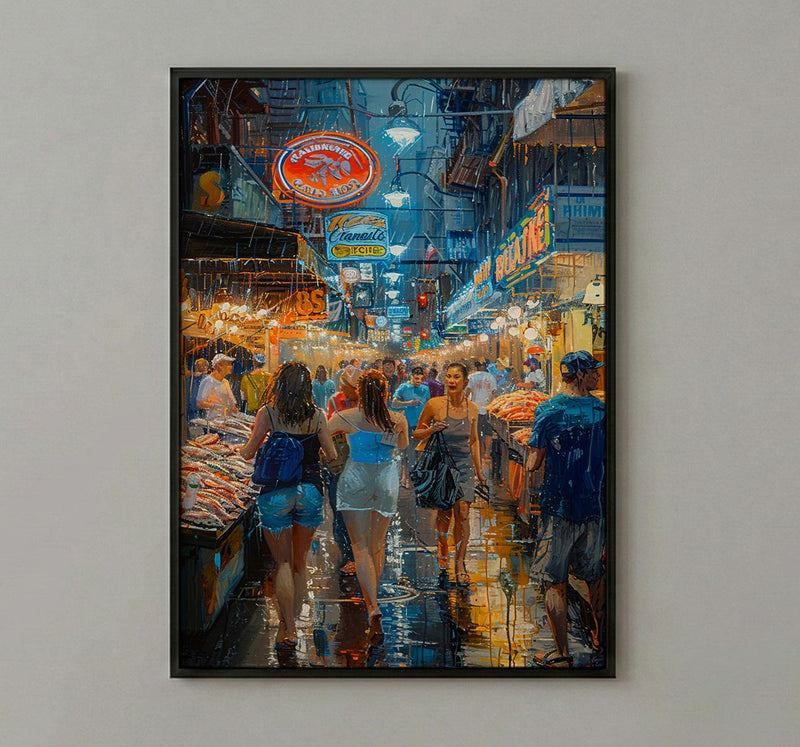 Seattle Pike Place Market Poster, Washington City Travel Decor - Glowing Neon Summer Sign