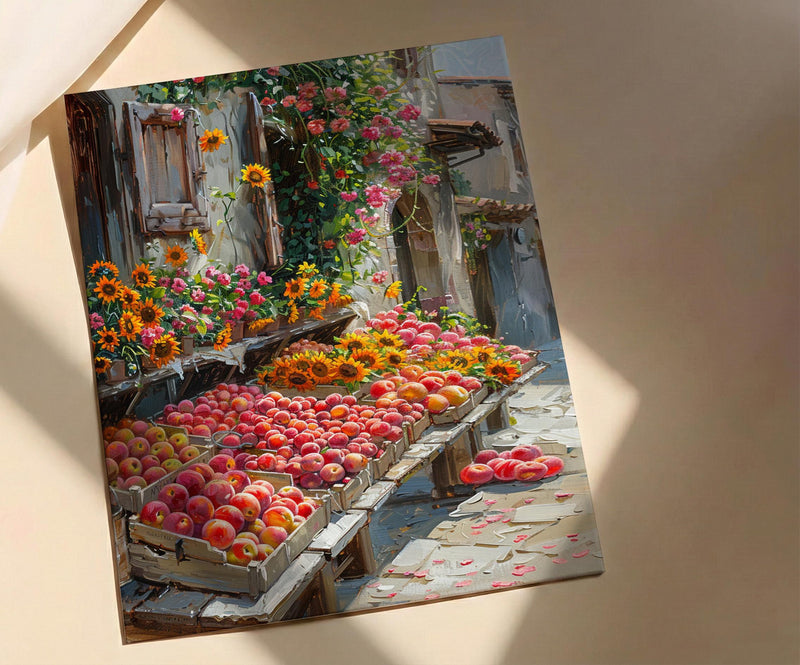 California Farmers Market Art Print, Fresh Summer Fruit Decor - Colorful Strawberry Sunflower Stand
