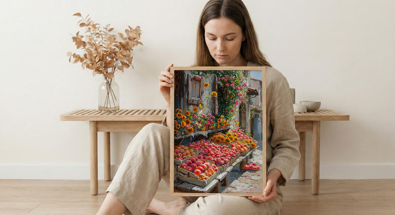 California Farmers Market Art Print, Fresh Summer Fruit Decor - Colorful Strawberry Sunflower Stand