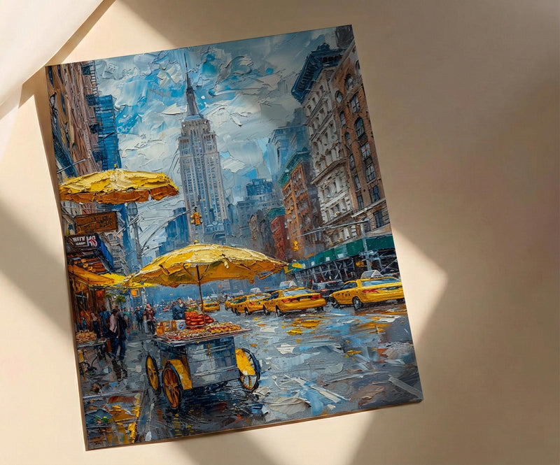 New York City Street Wall Art, Classic Food Cart Decor - Yellow Umbrella Summer Scene
