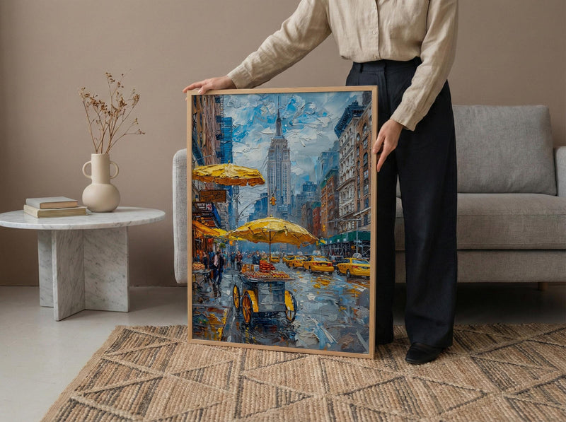 New York City Street Wall Art, Classic Food Cart Decor - Yellow Umbrella Summer Scene