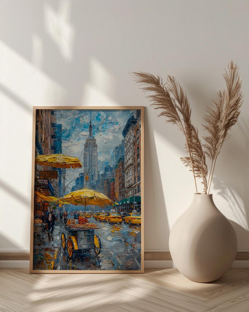 New York City Street Wall Art, Classic Food Cart Decor - Yellow Umbrella Summer Scene