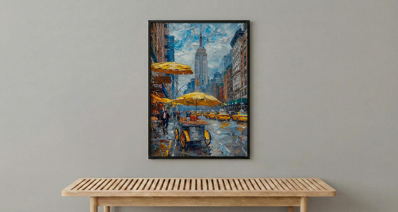 New York City Street Wall Art, Classic Food Cart Decor - Yellow Umbrella Summer Scene