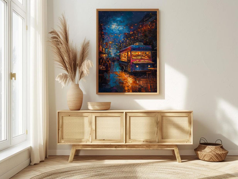 Austin Food Truck Festival Poster, Texas Night Market Decor - Glowing String Light Scene