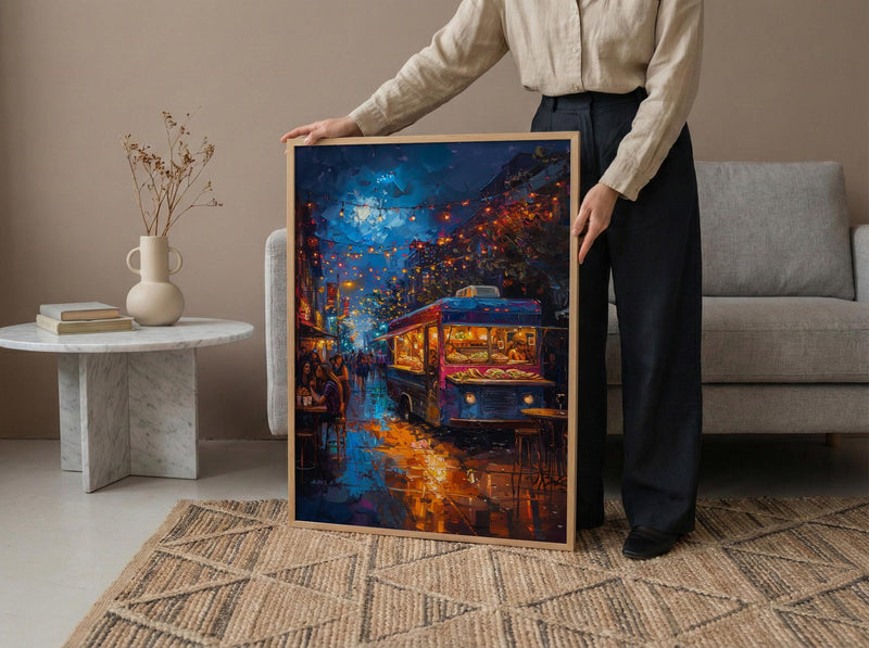 Austin Food Truck Festival Poster, Texas Night Market Decor - Glowing String Light Scene