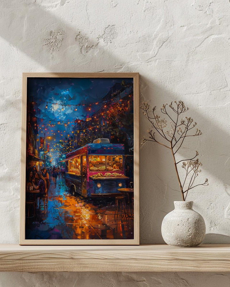 Austin Food Truck Festival Poster, Texas Night Market Decor - Glowing String Light Scene