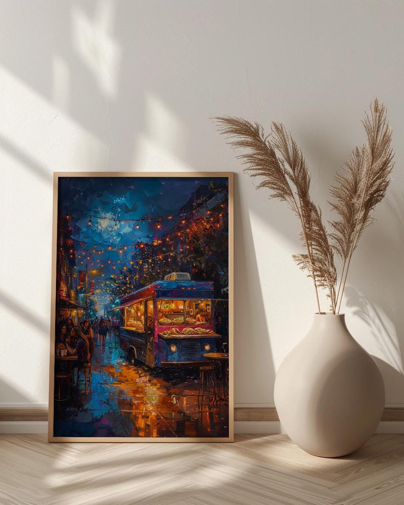 Austin Food Truck Festival Poster, Texas Night Market Decor - Glowing String Light Scene