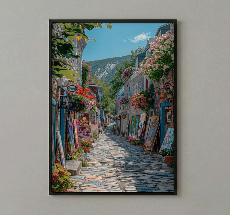 Quebec City Art Market Print, Historic Canadian Street Decor - Colorful Easel Summer View