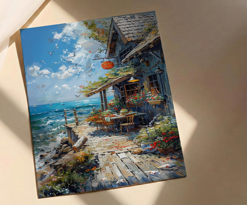 Maine Lobster Roll Art Print, Coastal Seafood Travel Decor - Rustic Wooden Shack Summer View