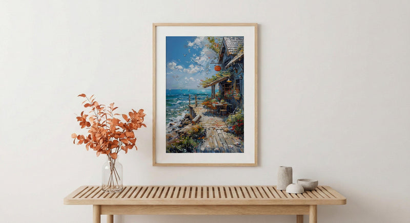 Maine Lobster Roll Art Print, Coastal Seafood Travel Decor - Rustic Wooden Shack Summer View