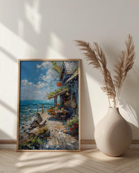 Maine Lobster Roll Art Print, Coastal Seafood Travel Decor - Rustic Wooden Shack Summer View