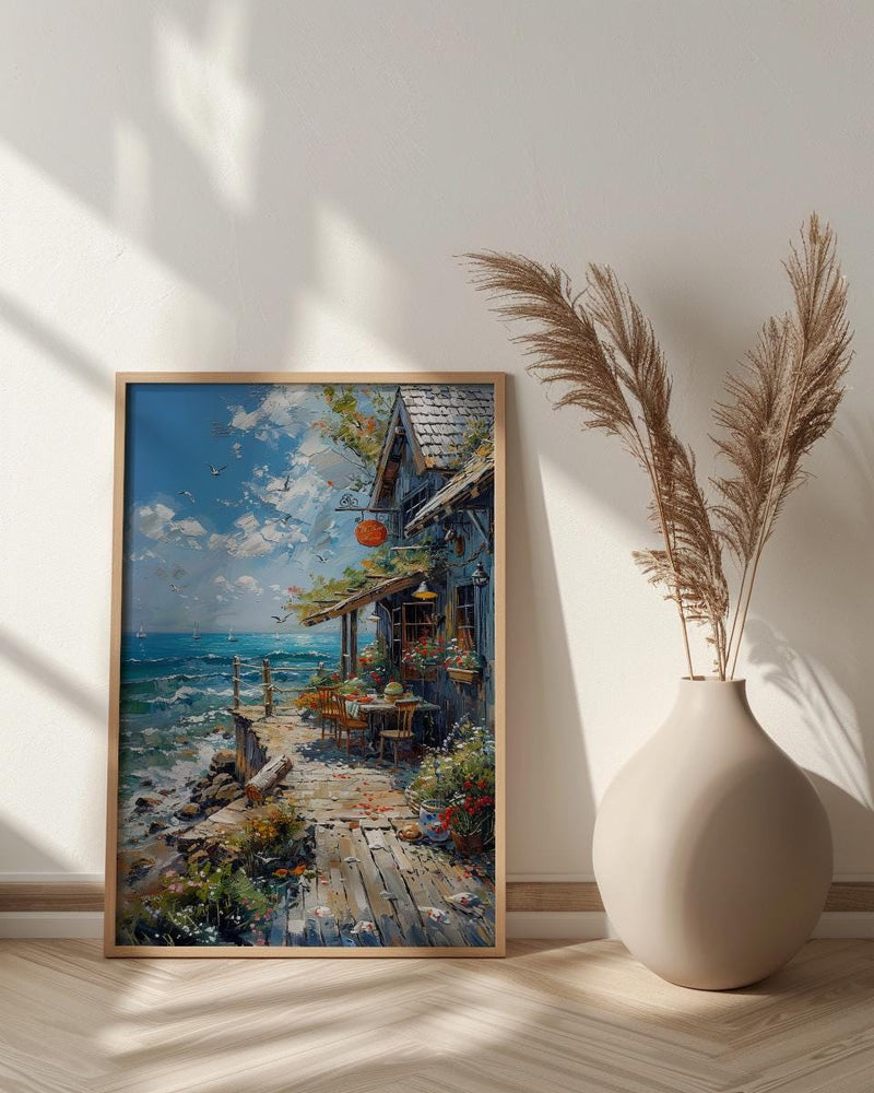 Maine Lobster Roll Art Print, Coastal Seafood Travel Decor - Rustic Wooden Shack Summer View
