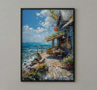 Maine Lobster Roll Art Print, Coastal Seafood Travel Decor - Rustic Wooden Shack Summer View