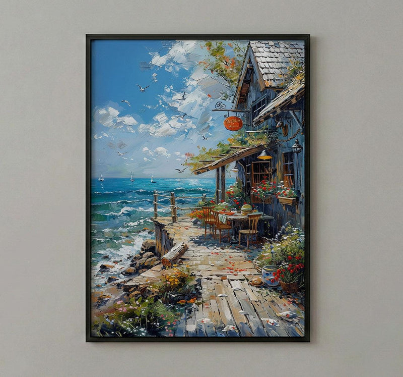 Maine Lobster Roll Art Print, Coastal Seafood Travel Decor - Rustic Wooden Shack Summer View