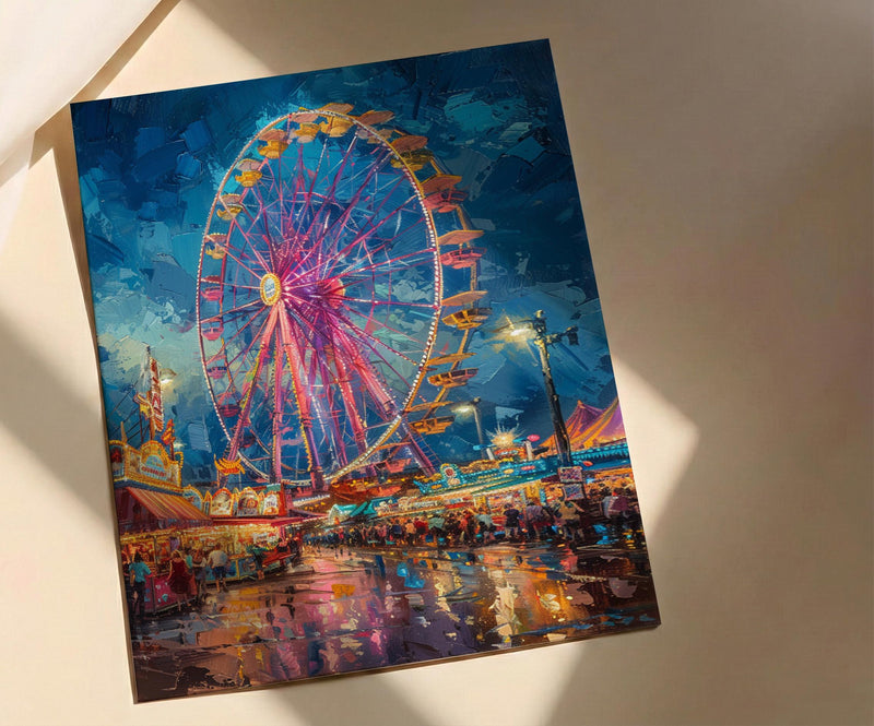 Texas State Fair Art Print, Summer Festival Event Decor - Glowing Ferris Wheel Night Scene