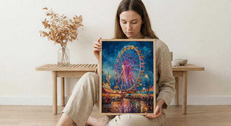 Texas State Fair Art Print, Summer Festival Event Decor - Glowing Ferris Wheel Night Scene