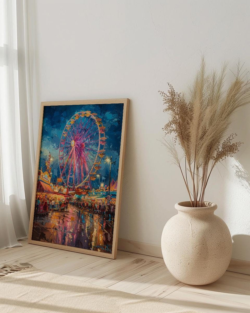 Texas State Fair Art Print, Summer Festival Event Decor - Glowing Ferris Wheel Night Scene