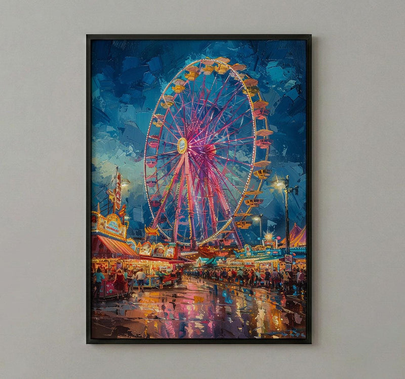 Texas State Fair Art Print, Summer Festival Event Decor - Glowing Ferris Wheel Night Scene