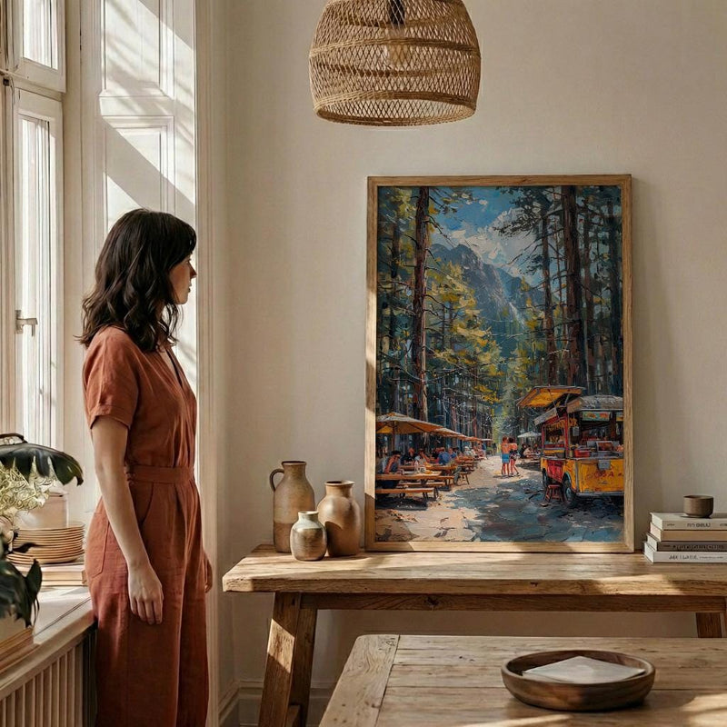 Portland Food Cart Wall Art, Oregon Street Food Decor - Lush Pine Tree Picnic Scene