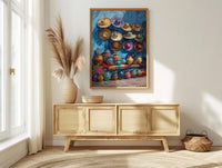 Mexican Artisan Market Poster, Colorful Cultural Travel Home Decor - Woven Blanket Sombrero Scene