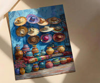 Mexican Artisan Market Poster, Colorful Cultural Travel Home Decor - Woven Blanket Sombrero Scene