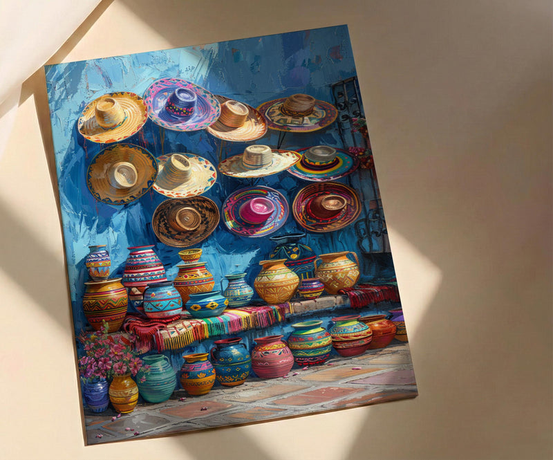 Mexican Artisan Market Poster, Colorful Cultural Travel Home Decor - Woven Blanket Sombrero Scene