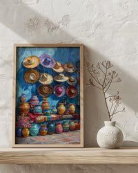 Mexican Artisan Market Poster, Colorful Cultural Travel Home Decor - Woven Blanket Sombrero Scene