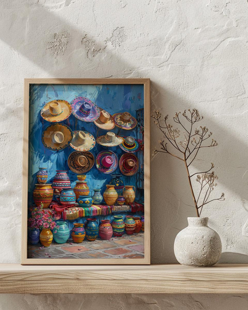 Mexican Artisan Market Poster, Colorful Cultural Travel Home Decor - Woven Blanket Sombrero Scene