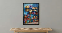 Mexican Artisan Market Poster, Colorful Cultural Travel Home Decor - Woven Blanket Sombrero Scene