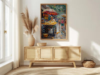 Mexican Street Corn Art Print, Colorful Summer Food Decor - Vibrant Elote Cart City View