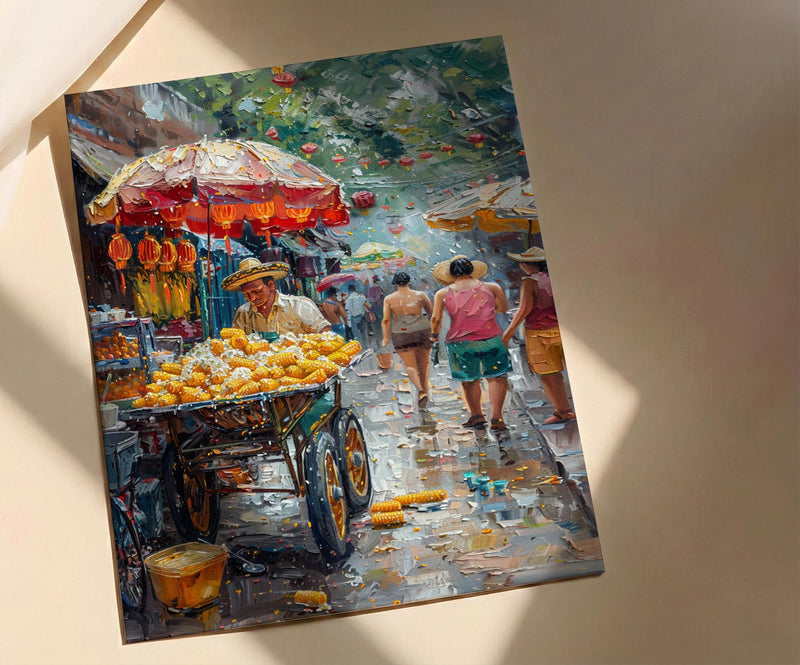 Mexican Street Corn Art Print, Colorful Summer Food Decor - Vibrant Elote Cart City View