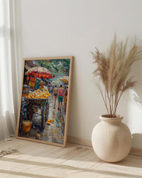 Mexican Street Corn Art Print, Colorful Summer Food Decor - Vibrant Elote Cart City View