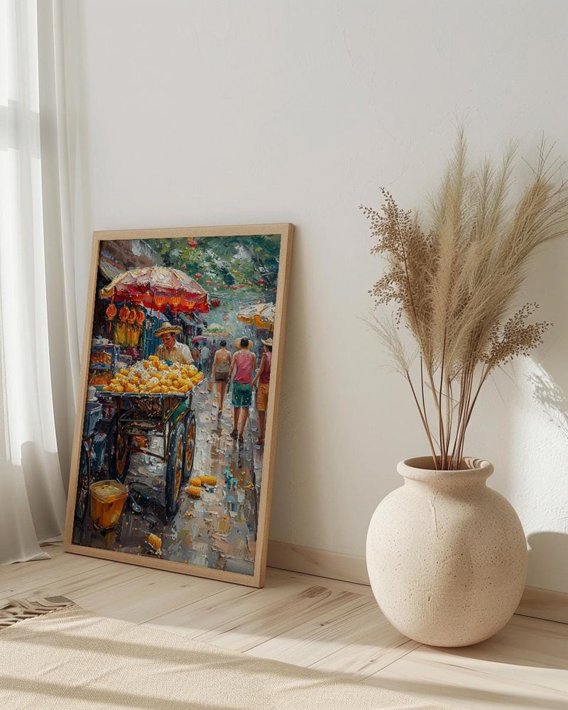 Mexican Street Corn Art Print, Colorful Summer Food Decor - Vibrant Elote Cart City View
