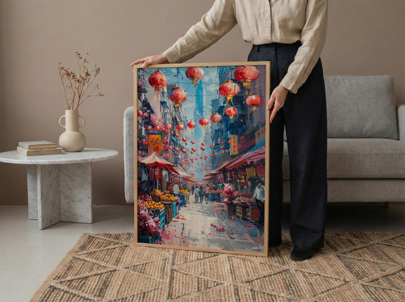 San Francisco Chinatown Poster, California Street Travel City Decor - Red Lantern Summer Market View