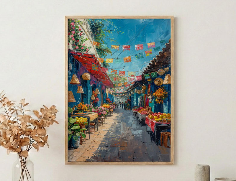Mexico City Market Art Print, Colorful Cultural Travel Decor - Bright Papel Picado Summer Scene