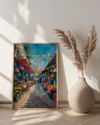 Mexico City Market Art Print, Colorful Cultural Travel Decor - Bright Papel Picado Summer Scene