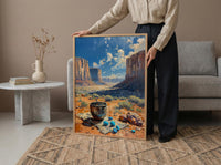 Navajo Artisan Jewelry Poster, Desert Red Rock Room Decor - Silver Turquoise Stone Summer View
